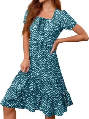 Sundresses for Women 2025 Casual Loose Trendy Short Sleeve Square Neck Floral Print Boho Beach Vacation Dress, S-2XL