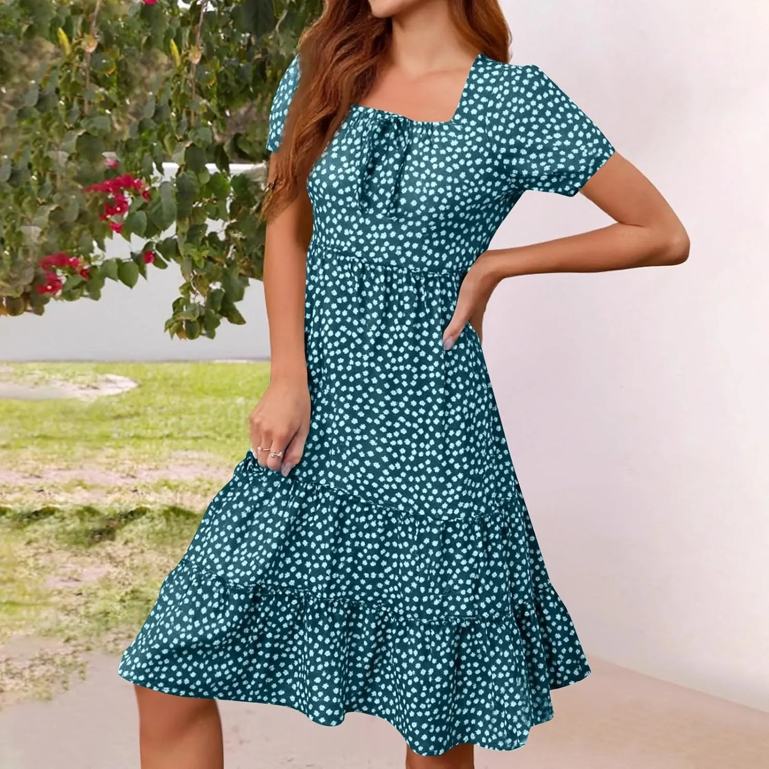Sundresses for Women 2025 Casual Loose Trendy Short Sleeve Square Neck Floral Print Boho Beach Vacation Dress, S-2XL