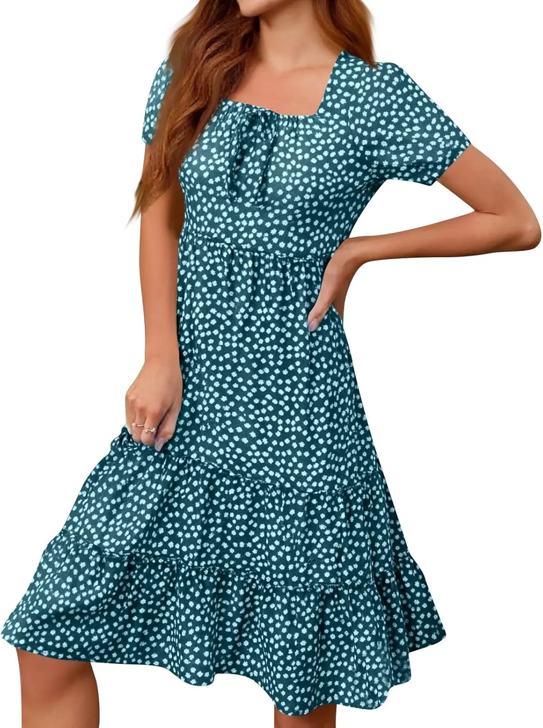 Sundresses for Women 2025 Casual Loose Trendy Short Sleeve Square Neck Floral Print Boho Beach Vacation Dress, S-2XL