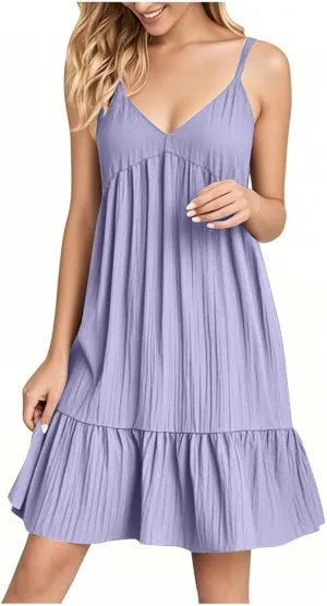 Sundresses for Women 2025 Vacation Outfits V Neck Spaghetti Strap Mini Dress Pleated Ruffle Flowy Summer Dresses