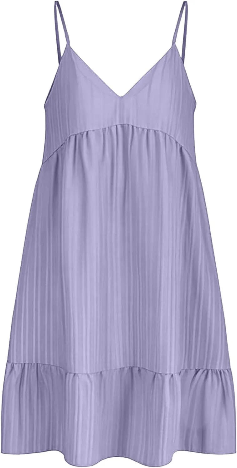 Sundresses for Women 2025 Vacation Outfits V Neck Spaghetti Strap Mini Dress Pleated Ruffle Flowy Summer Dresses