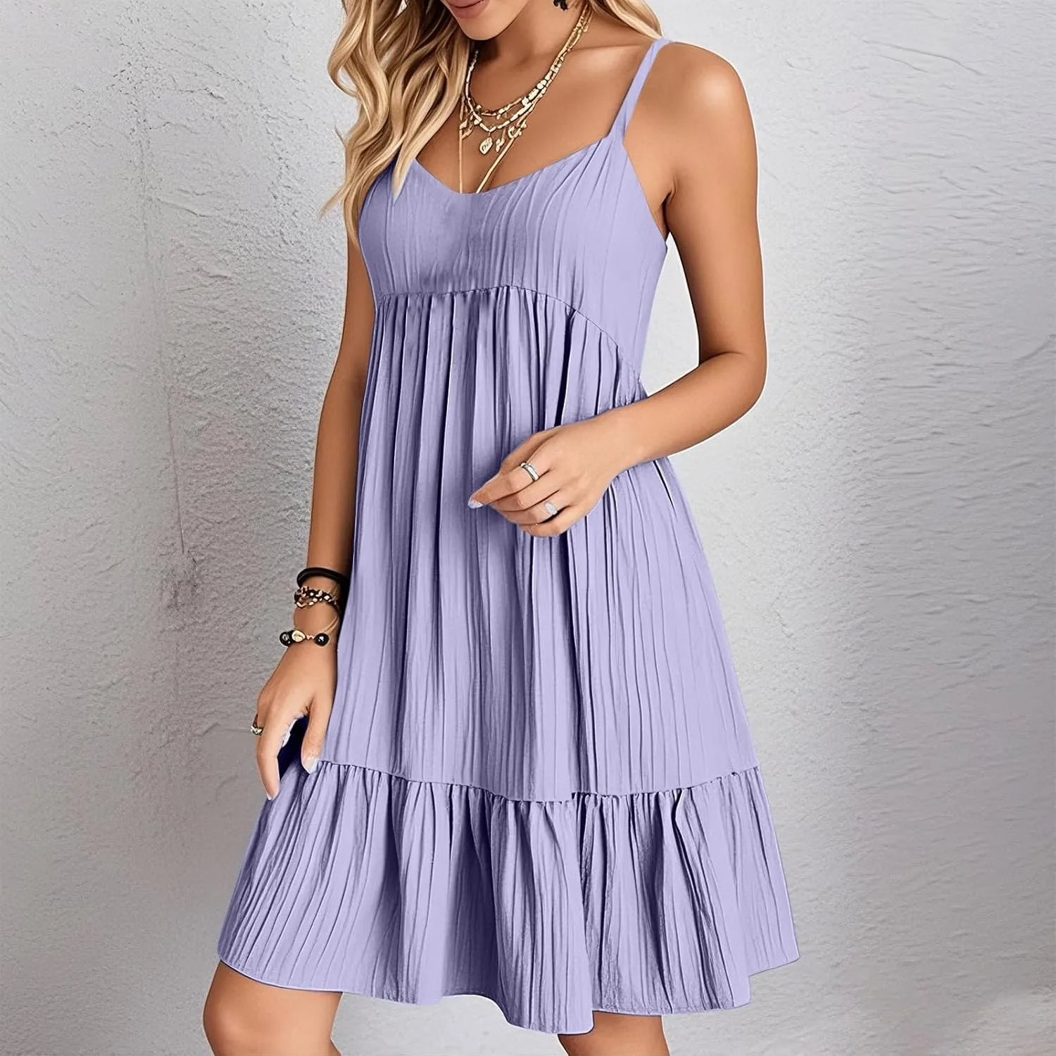 Sundresses for Women 2025 Vacation Outfits V Neck Spaghetti Strap Mini Dress Pleated Ruffle Flowy Summer Dresses