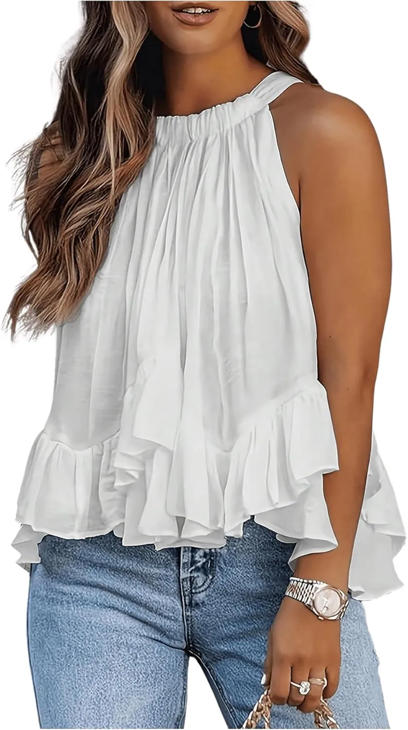 SweatyRocks Women's Adjustable Tie Neckline Ruffle Hem Sleeveless Flowy Halter Tops