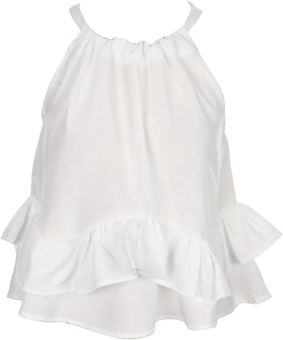 SweatyRocks Women's Adjustable Tie Neckline Ruffle Hem Sleeveless Flowy Halter Tops