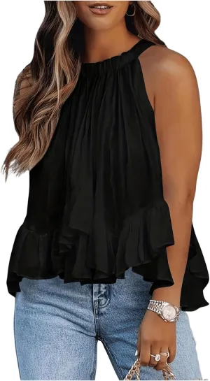 SweatyRocks Women's Adjustable Tie Neckline Ruffle Hem Sleeveless Flowy Halter Tops