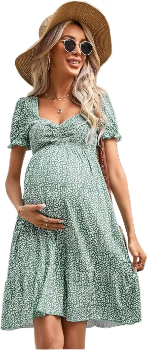 Sweetheart Neck Maternity Long Sleeve Dress - Flowy A Line Mini Dress for Babyshower