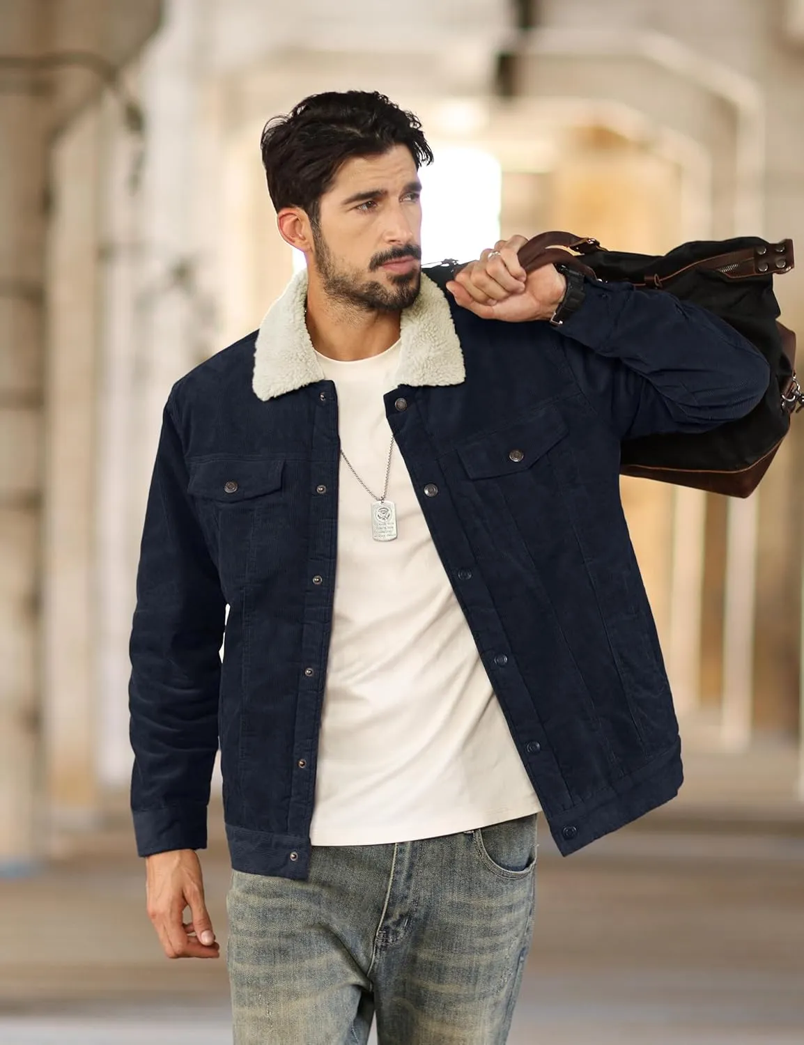 TACVASEN Men's Corduroy Jacket Fleece Sherpa Lined Winter Coats Warm Thick Cotton Casual Trucker Cargo Jacket