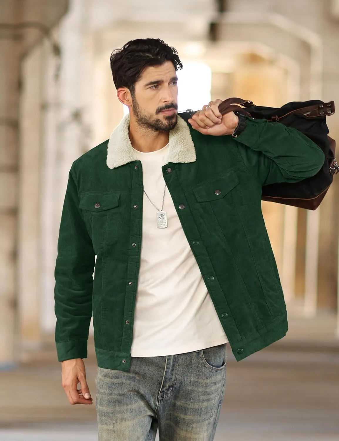 TACVASEN Men's Corduroy Jacket Fleece Sherpa Lined Winter Coats Warm Thick Cotton Casual Trucker Cargo Jacket
