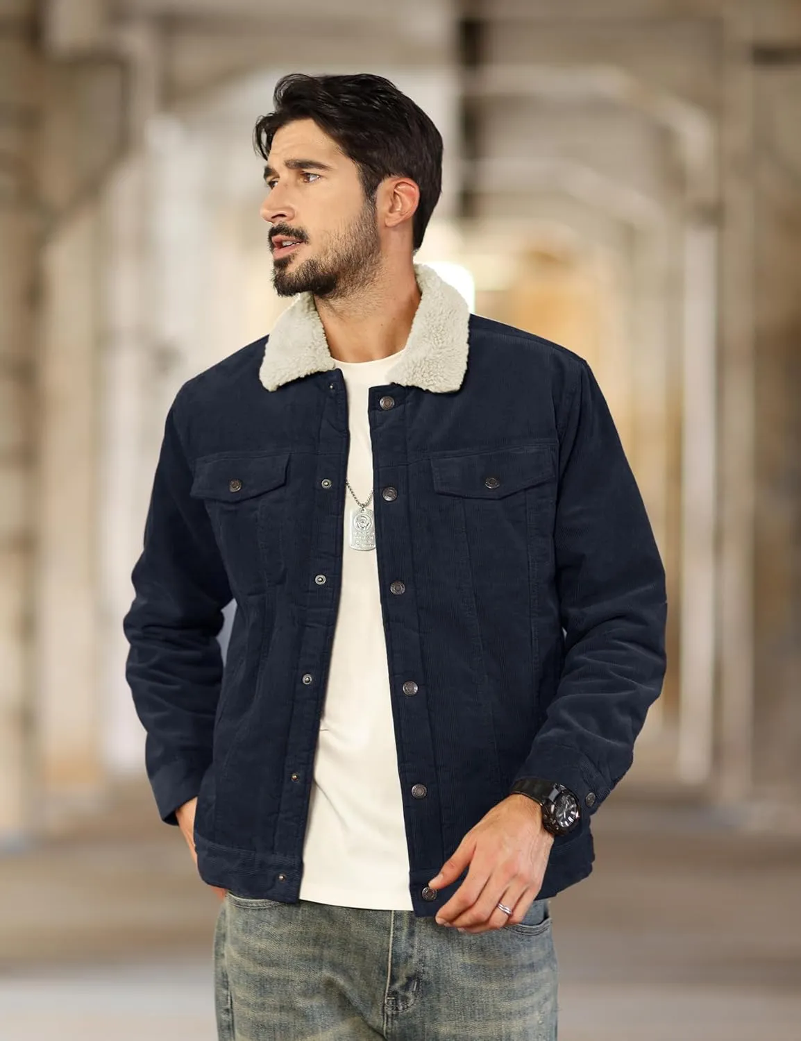TACVASEN Men's Corduroy Jacket Fleece Sherpa Lined Winter Coats Warm Thick Cotton Casual Trucker Cargo Jacket