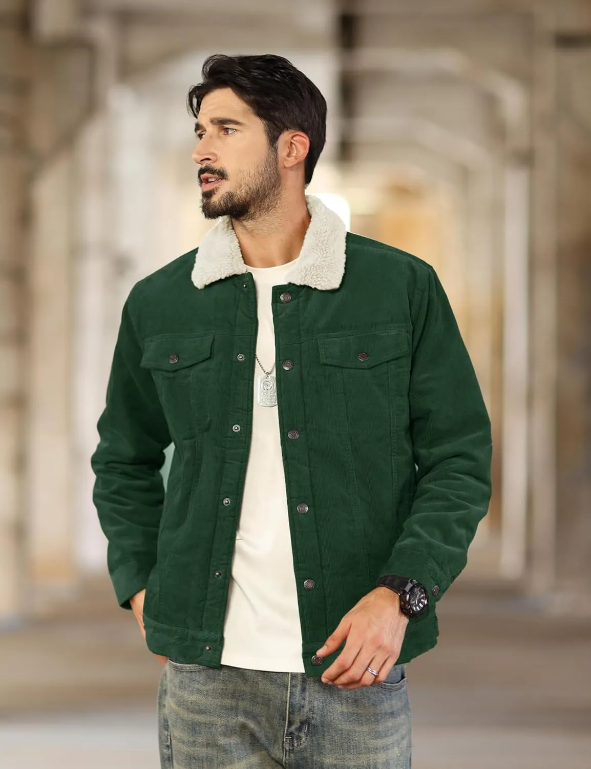 TACVASEN Men's Corduroy Jacket Fleece Sherpa Lined Winter Coats Warm Thick Cotton Casual Trucker Cargo Jacket