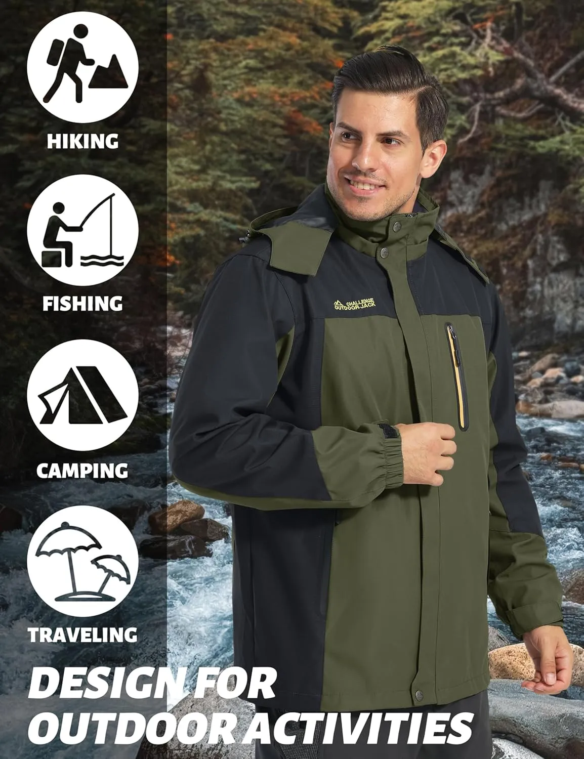 TACVASEN Mens Rain Jackets Water Resistant With Hood Windbreaker Lightweight Zip Jacket Climbing Fishing with Pockets