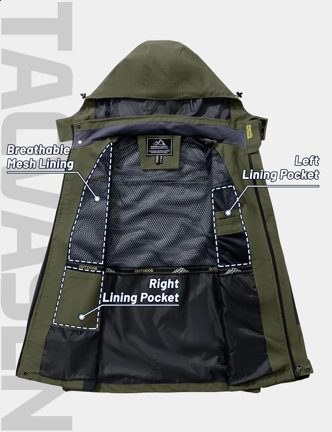 TACVASEN Mens Rain Jackets Water Resistant With Hood Windbreaker Lightweight Zip Jacket Climbing Fishing with Pockets