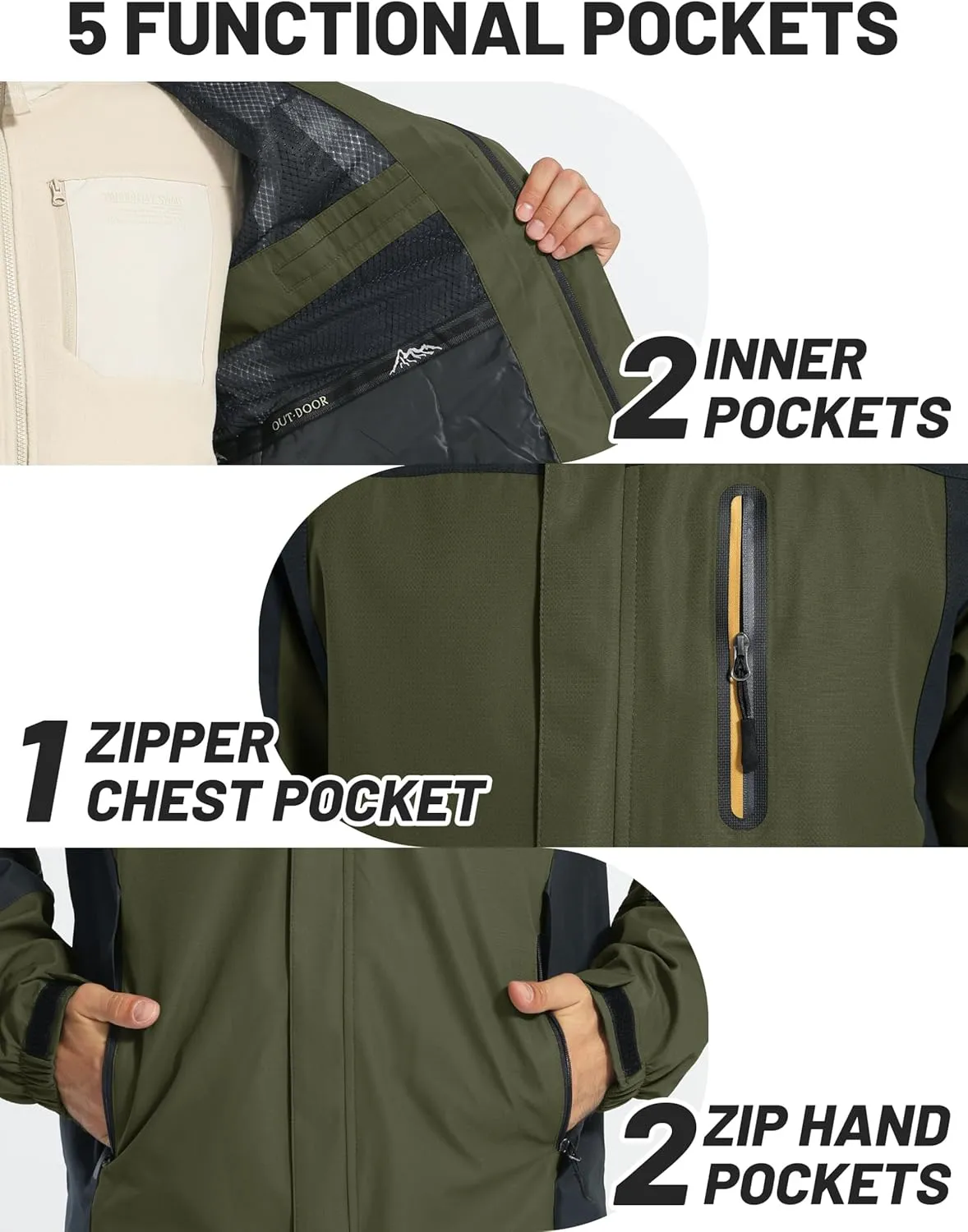 TACVASEN Mens Rain Jackets Water Resistant With Hood Windbreaker Lightweight Zip Jacket Climbing Fishing with Pockets