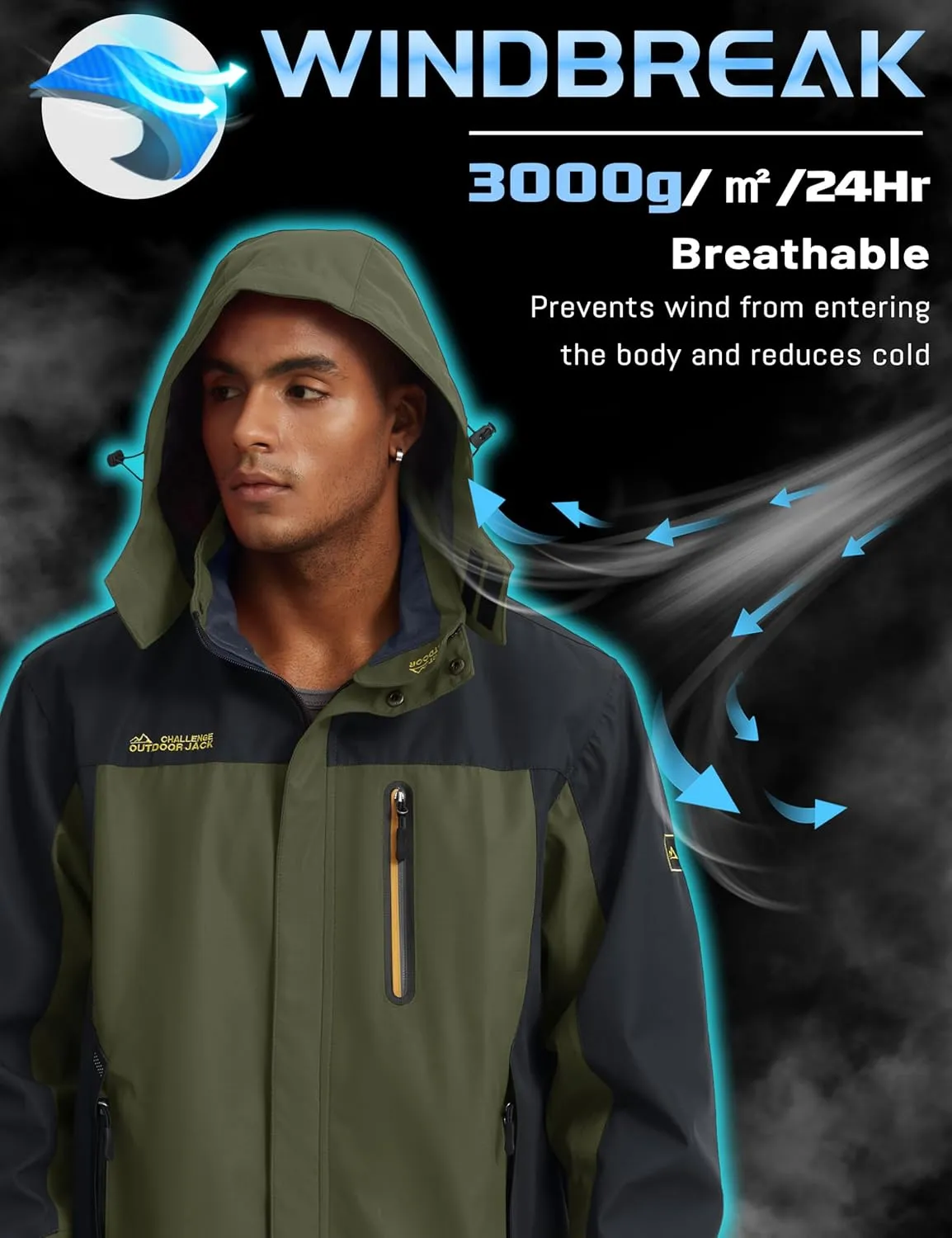 TACVASEN Mens Rain Jackets Water Resistant With Hood Windbreaker Lightweight Zip Jacket Climbing Fishing with Pockets