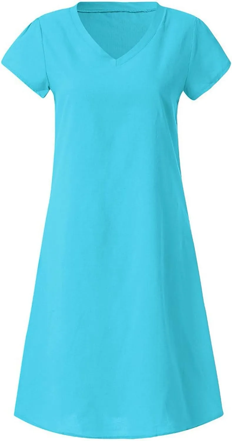 TANGNADE Women Summer Cotton Linen Midi Dresses V Neck Short Sleeve Causal Loose Beach Cover Ups Tshirt Sundress
