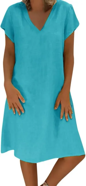 TANGNADE Women Summer Cotton Linen Midi Dresses V Neck Short Sleeve Causal Loose Beach Cover Ups Tshirt Sundress