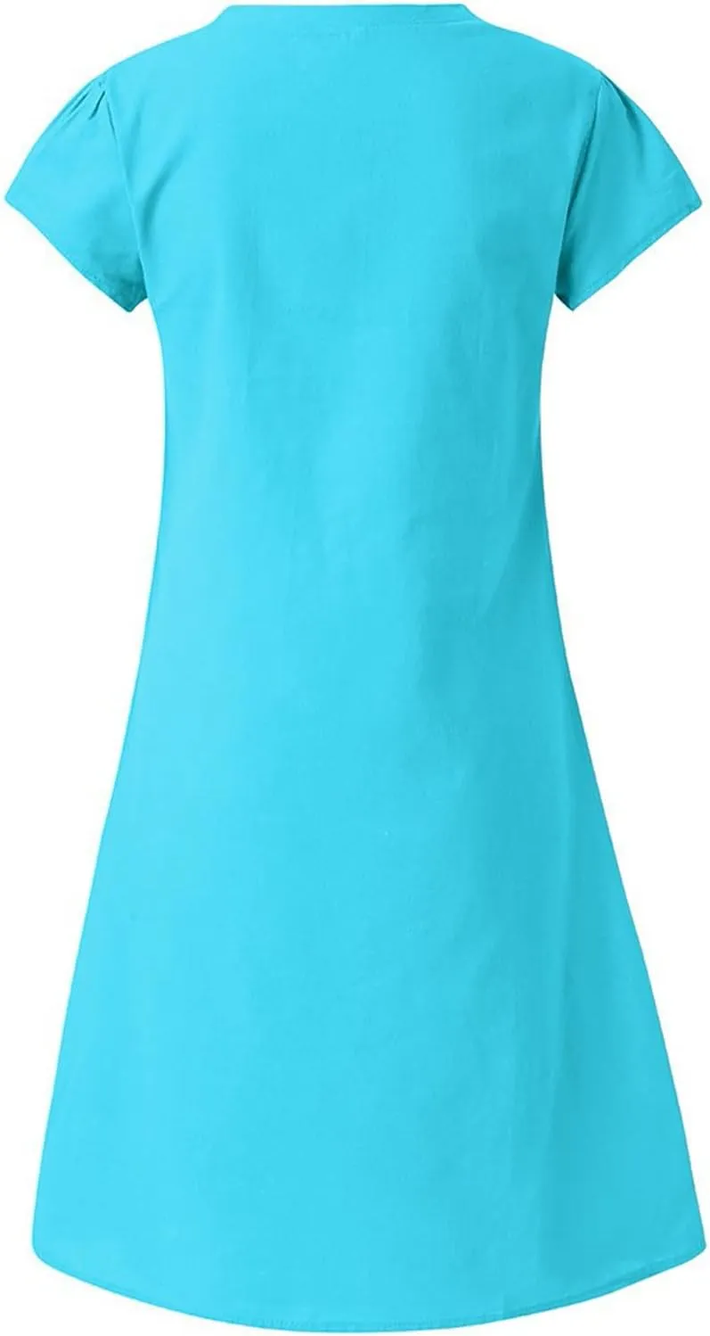 TANGNADE Women Summer Cotton Linen Midi Dresses V Neck Short Sleeve Causal Loose Beach Cover Ups Tshirt Sundress
