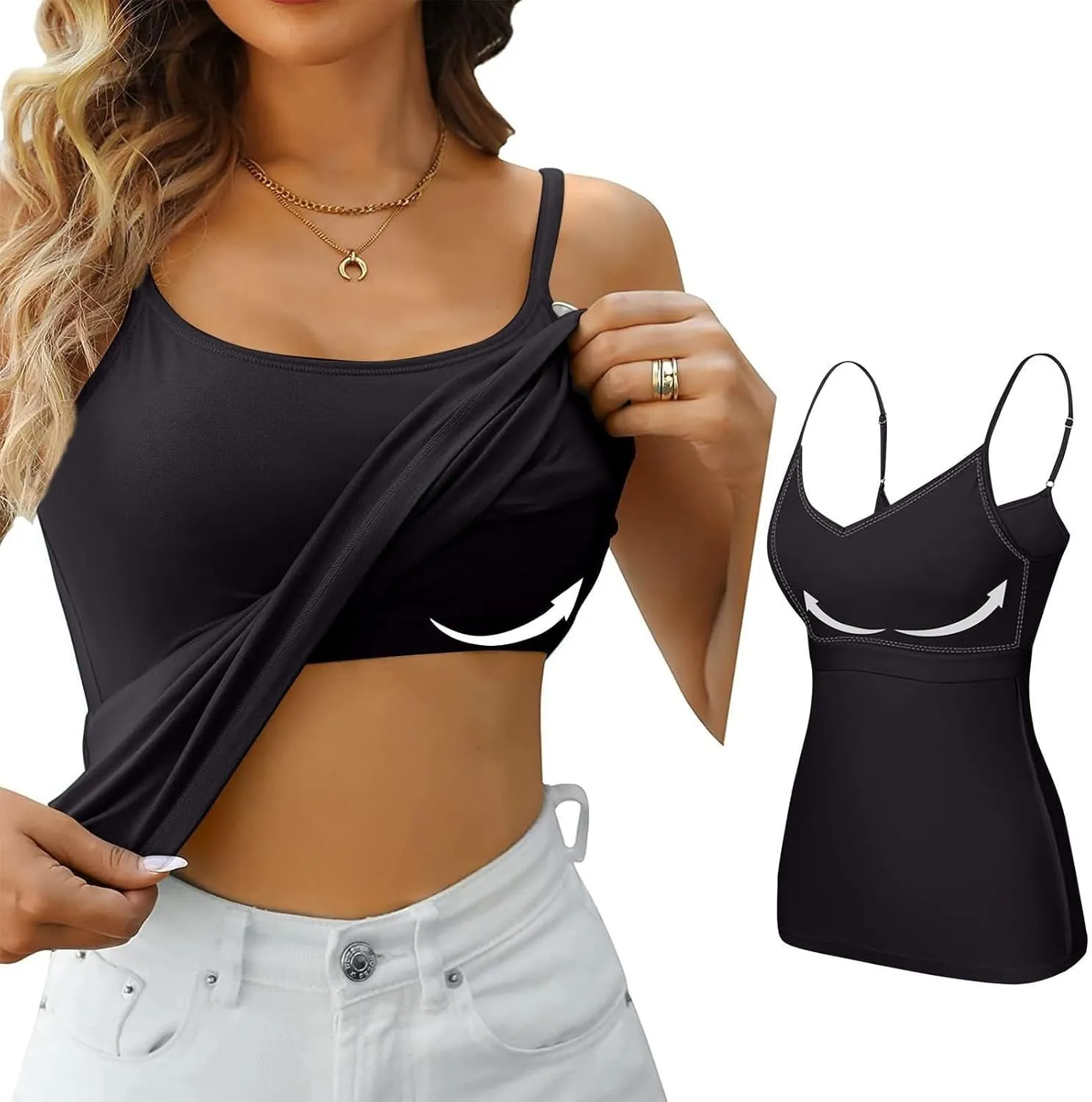 Tank Tops with Built in Bra for Women Sleeveless Spaghetti Strap Camisole Plus Size Cotton Padded Workout Basic Tops