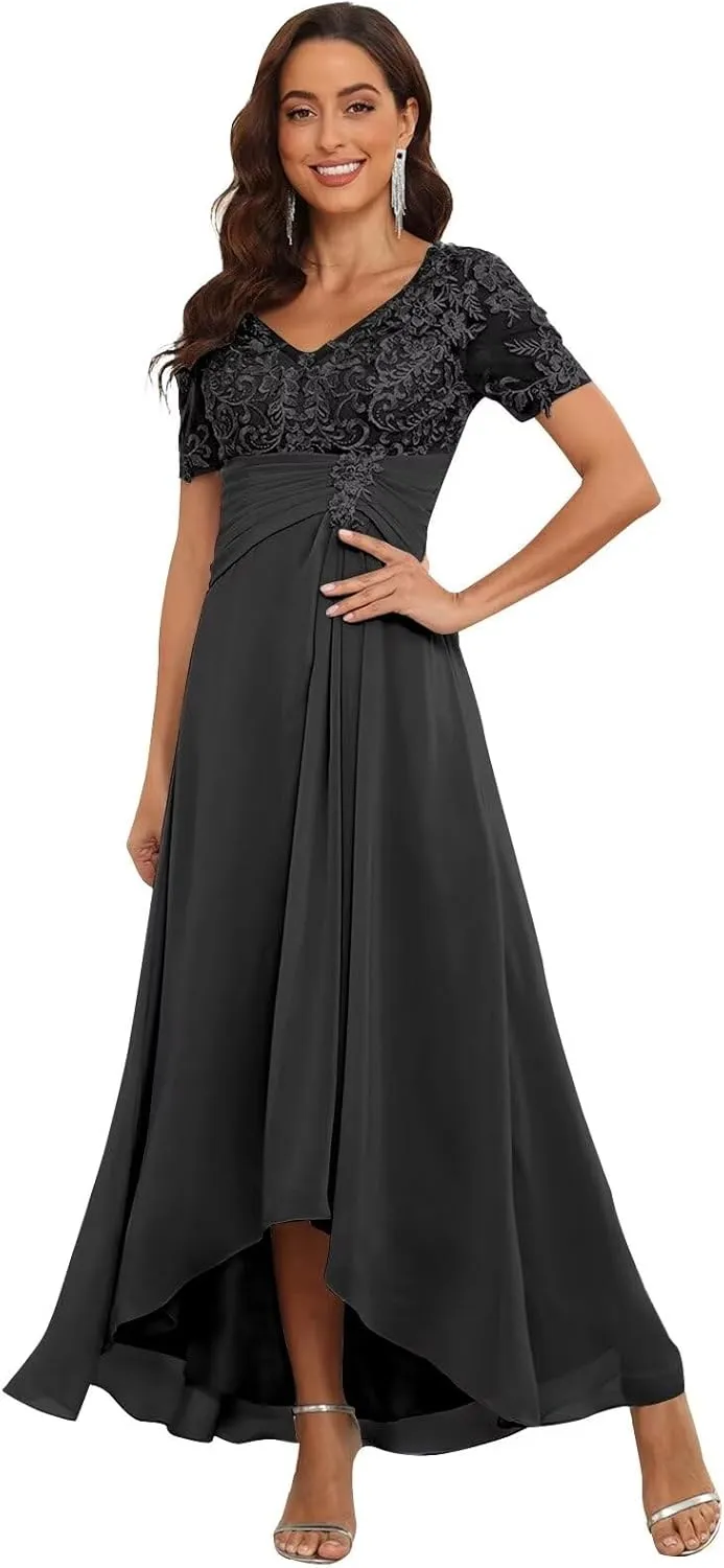 Tea Length Mother of The Bride Dresses Chiffon Lace V Neck Formal Evening Party Gowns
