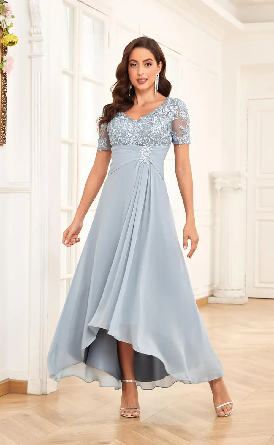 Tea Length Mother of The Bride Dresses Chiffon Lace V Neck Formal Evening Party Gowns