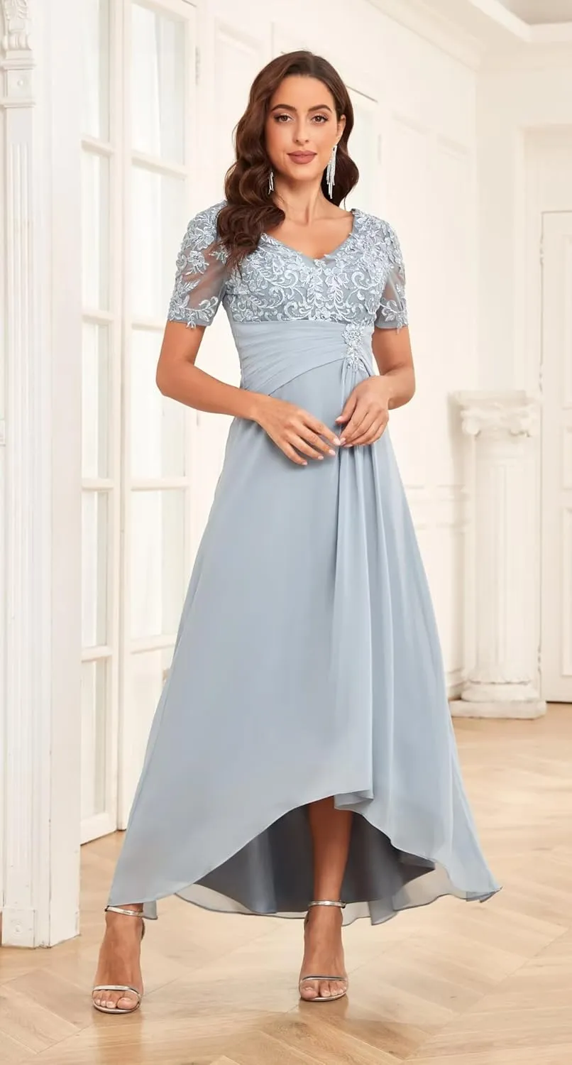 Tea Length Mother of The Bride Dresses Chiffon Lace V Neck Formal Evening Party Gowns