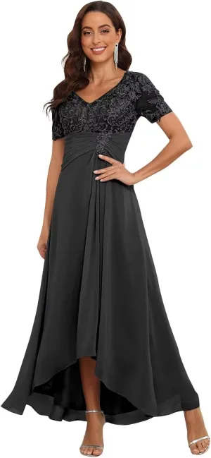 Tea Length Mother of The Bride Dresses Chiffon Lace V Neck Formal Evening Party Gowns