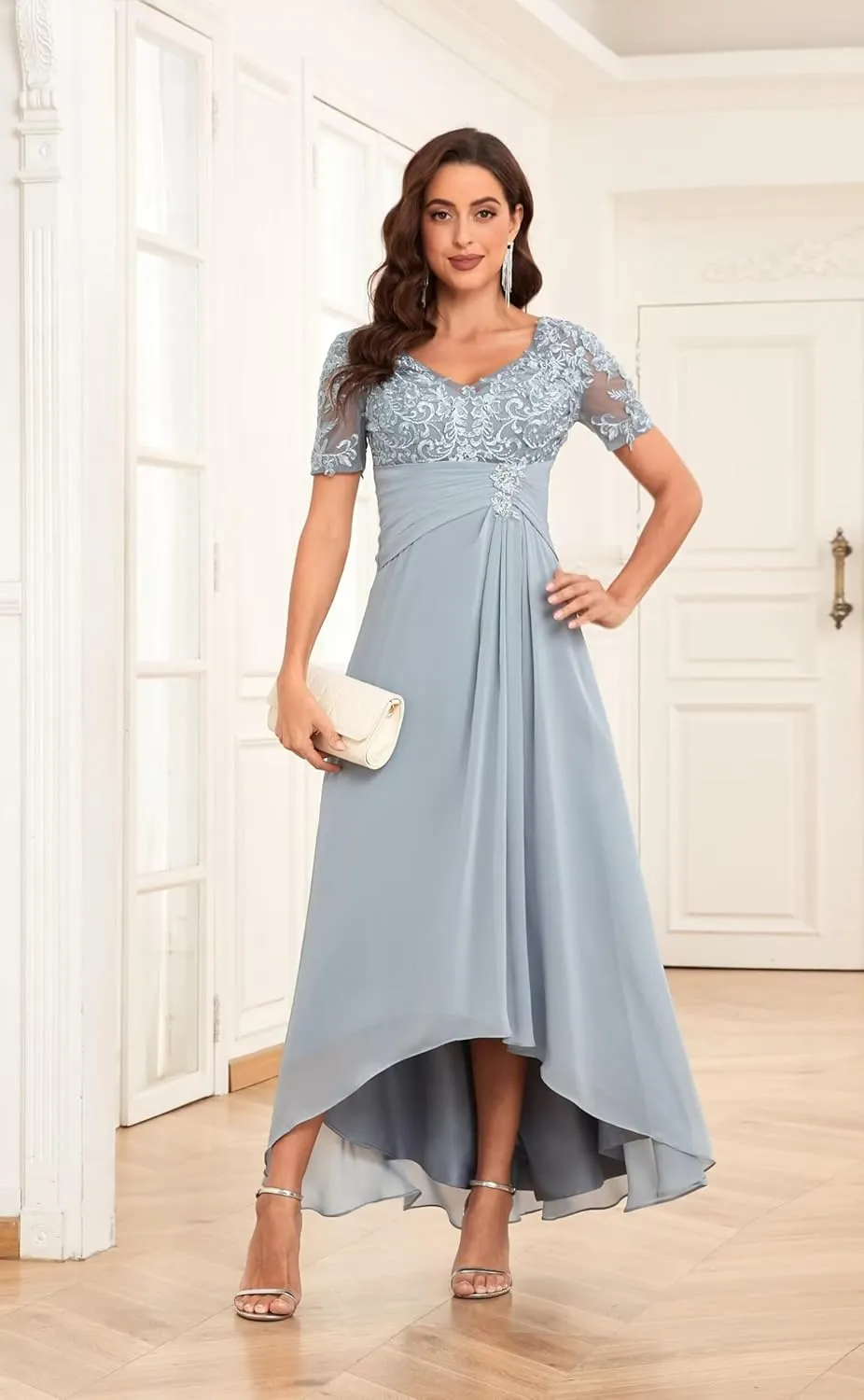 Tea Length Mother of The Bride Dresses Chiffon Lace V Neck Formal Evening Party Gowns