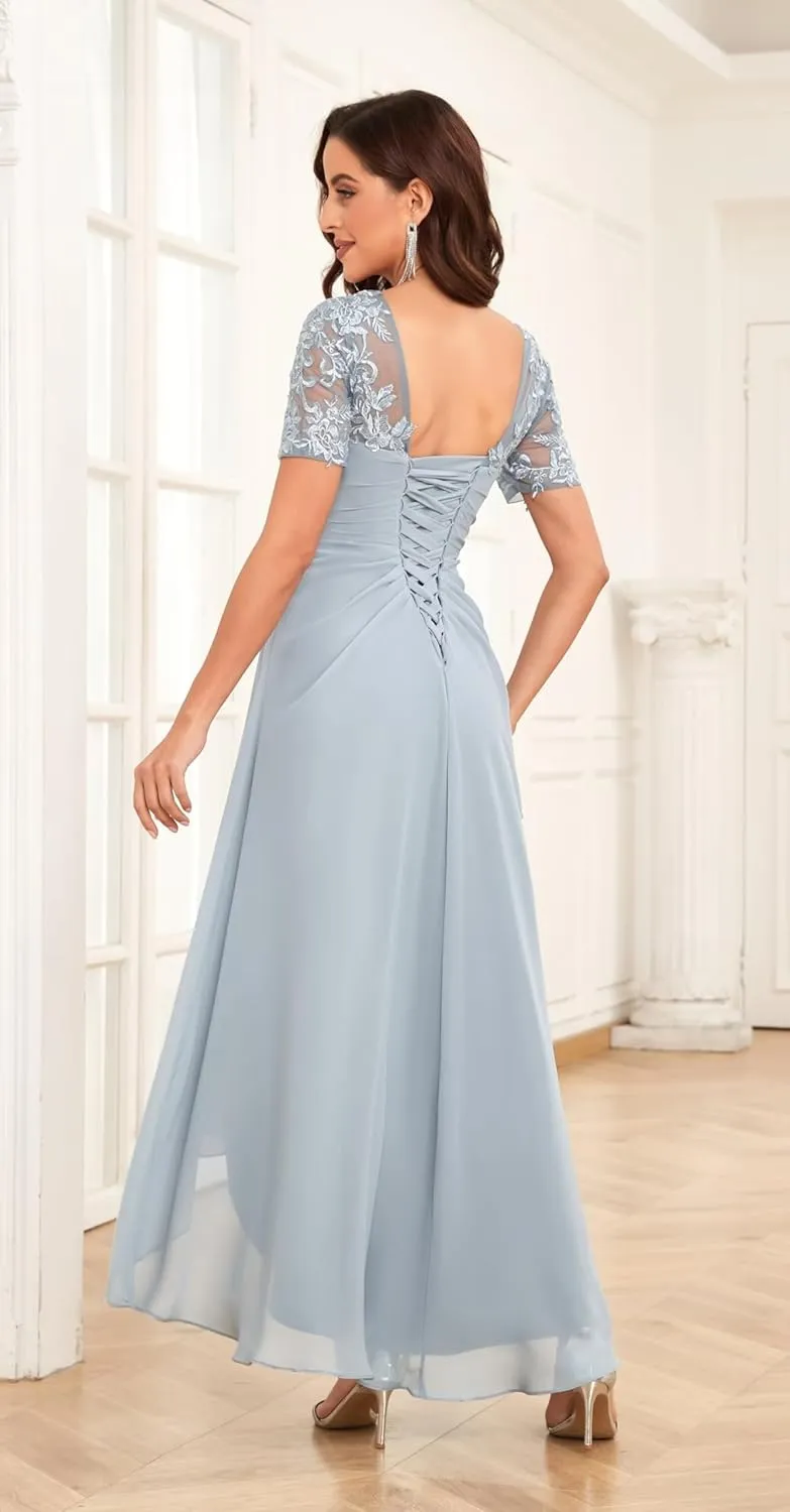 Tea Length Mother of The Bride Dresses Chiffon Lace V Neck Formal Evening Party Gowns