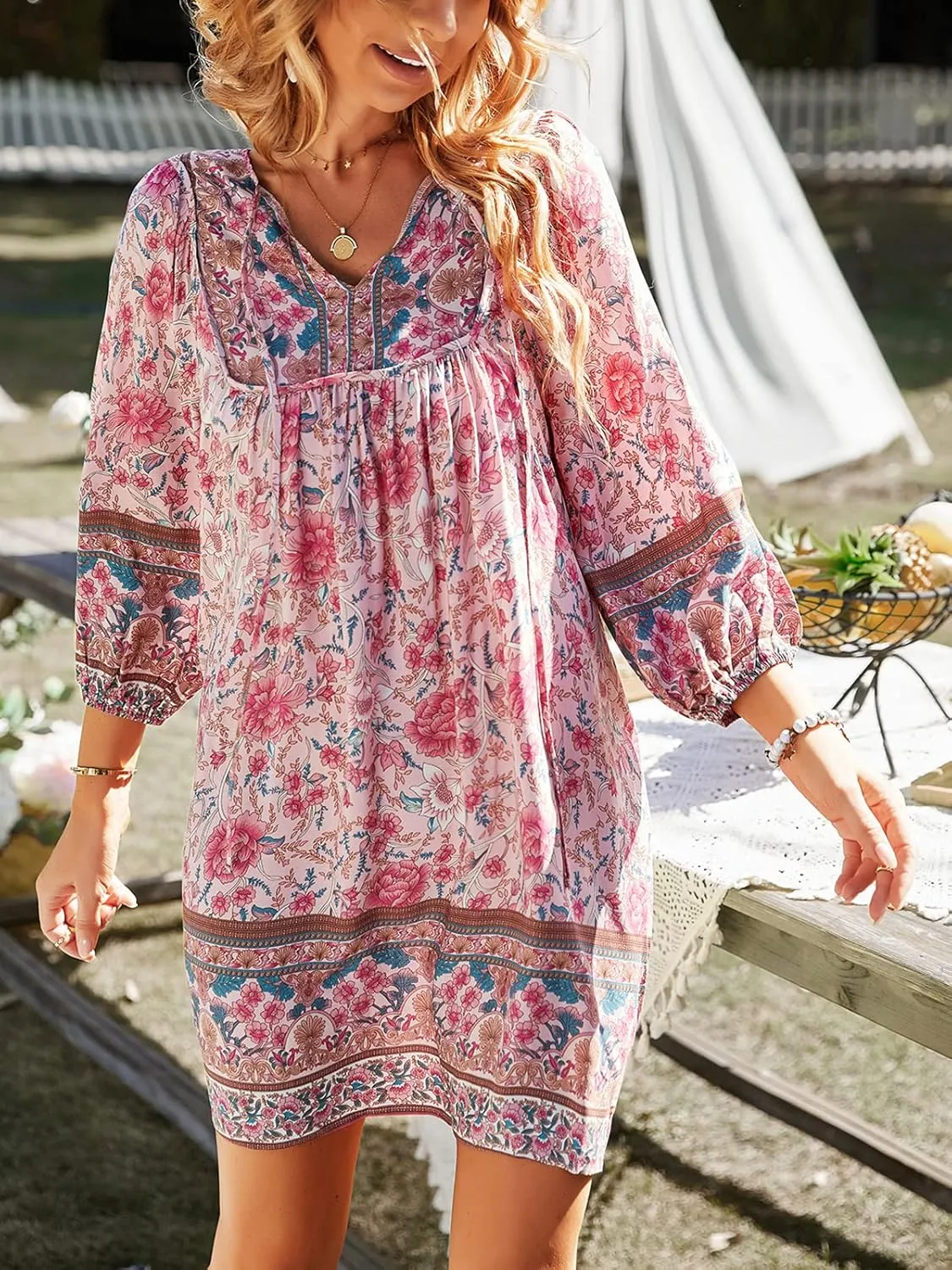 TEMOFON Women's Boho Mini Dress: Summer Floral 3/4 Long Sleeve V Neck Flowy Loose Casual Beach Dresses