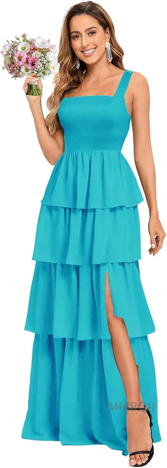 Tiered Ruffles Bridesmaid Dresses for Women with Slit 2025 Chiffon Long Formal Evening Dresses MA21
