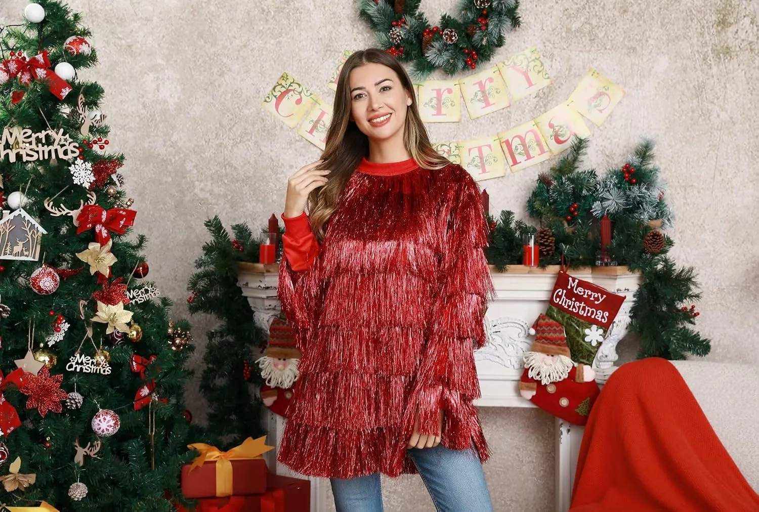 Tinsel Dress for Women, Multi Layer Tinsel Fringe Foil Dance Costume for Carnival Christmas Festive Party Event
