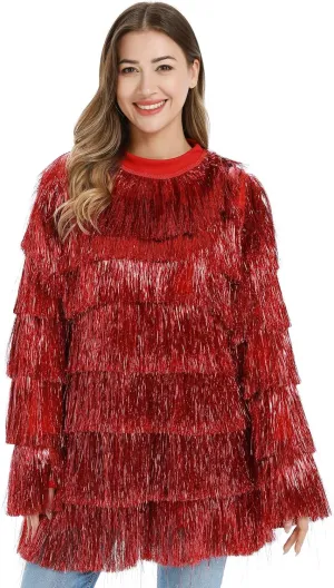 Tinsel Dress for Women, Multi Layer Tinsel Fringe Foil Dance Costume for Carnival Christmas Festive Party Event