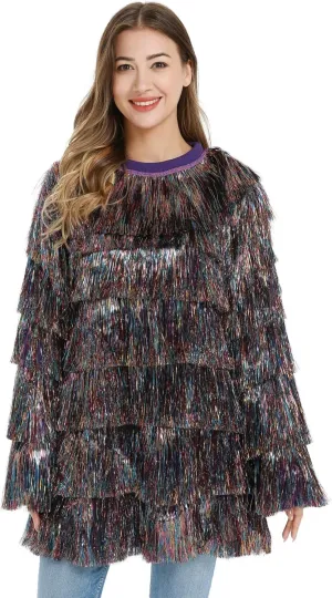 Tinsel Dress for Women, Multi Layer Tinsel Fringe Foil Dance Costume for Carnival Christmas Festive Party Event