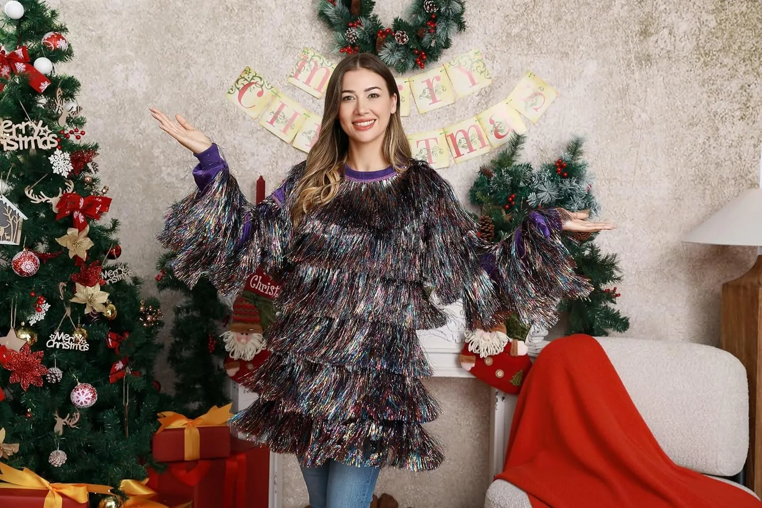 Tinsel Dress for Women, Multi Layer Tinsel Fringe Foil Dance Costume for Carnival Christmas Festive Party Event