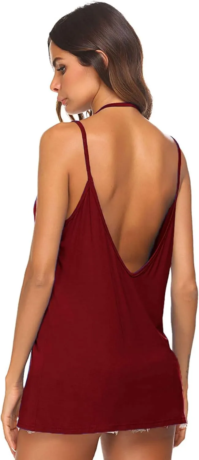 Tobrief Women's Sexy V Neck Halter Spaghetti Strap Backless Cami Tank Top
