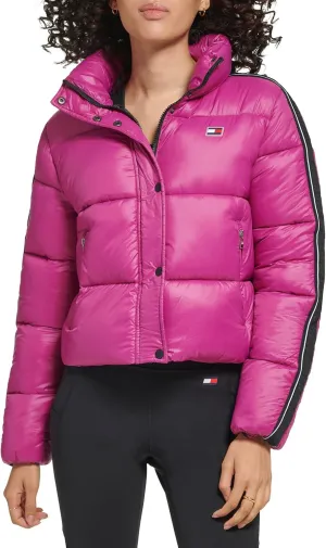Tommy Hilfiger Women's Cropped Fit Zipper Pockets Puffer Jacket Logo Taping Down Sleeves