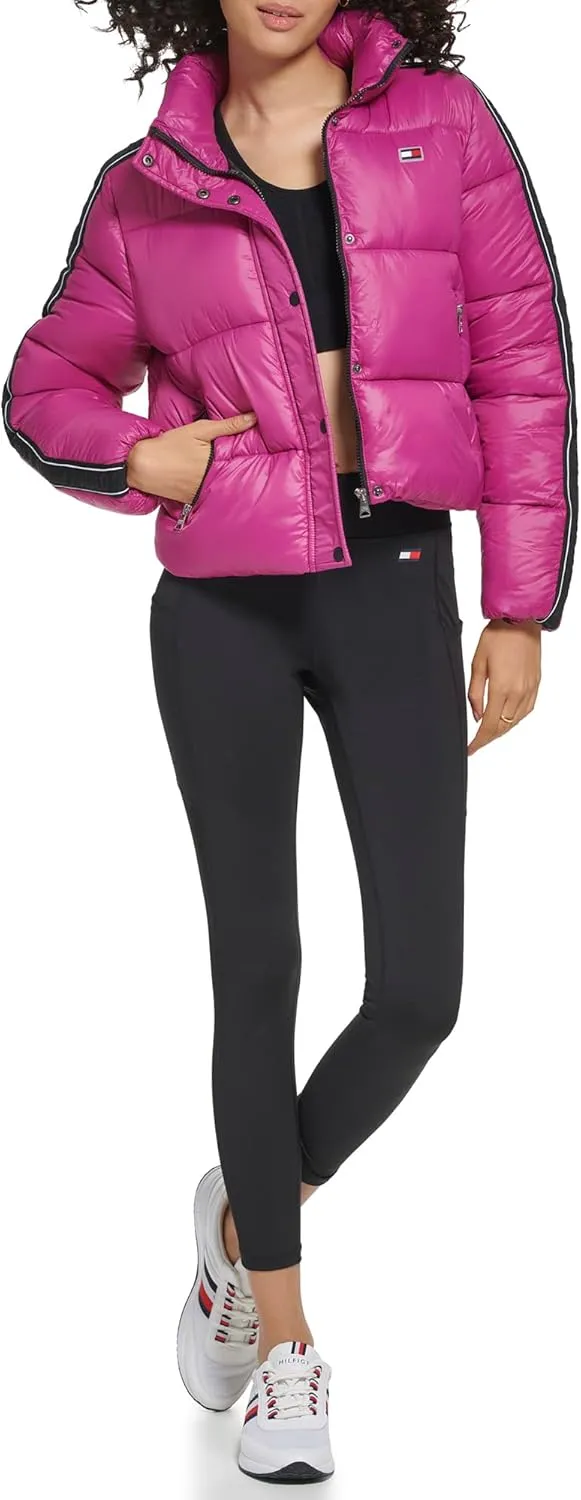 Tommy Hilfiger Women's Cropped Fit Zipper Pockets Puffer Jacket Logo Taping Down Sleeves