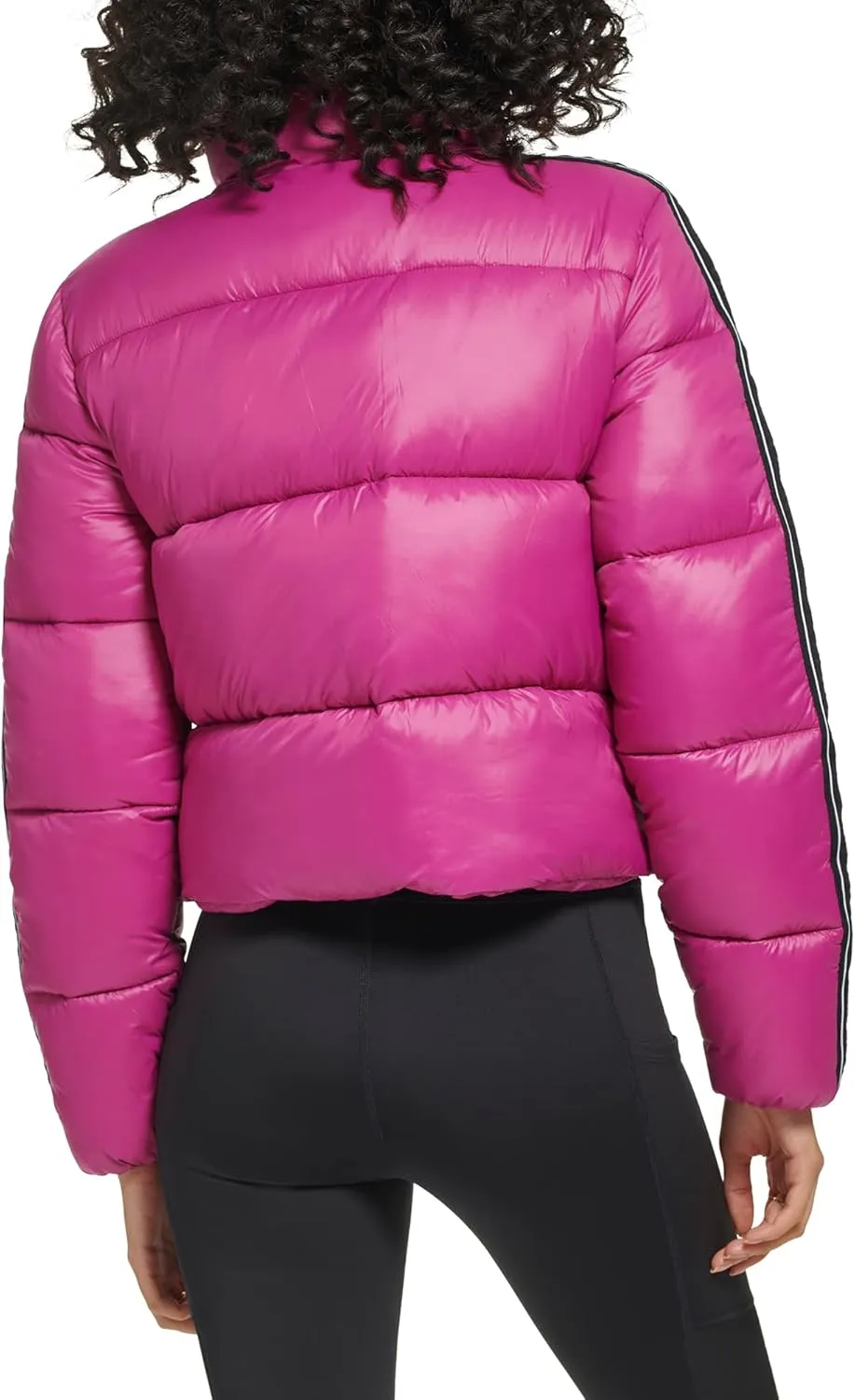 Tommy Hilfiger Women's Cropped Fit Zipper Pockets Puffer Jacket Logo Taping Down Sleeves