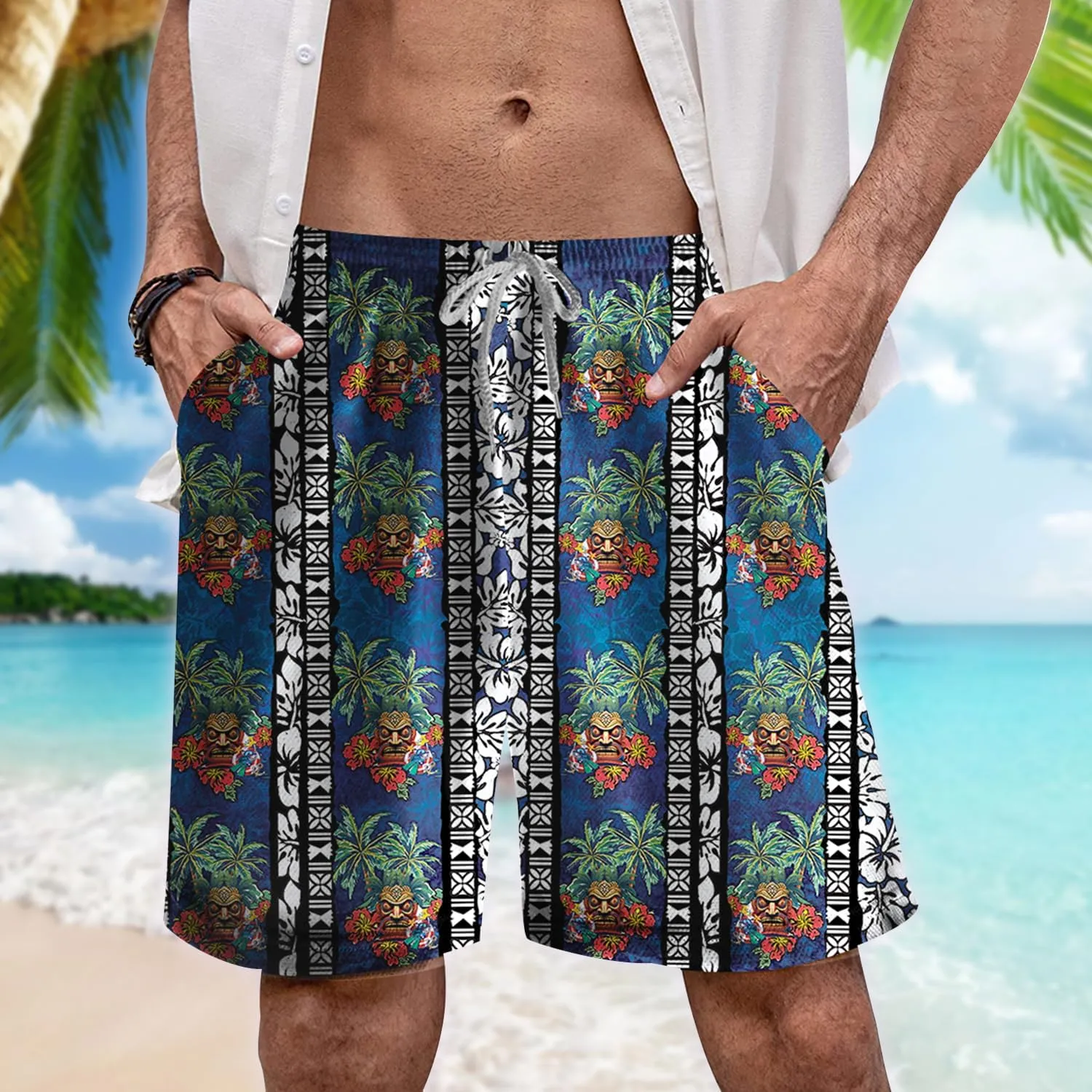 Tropical Tiki Mens Hawaiian Sport Shorts - Tiki Hawaiian Shorts for Men - Casual Drawstring Beachwear Shorts Series 15