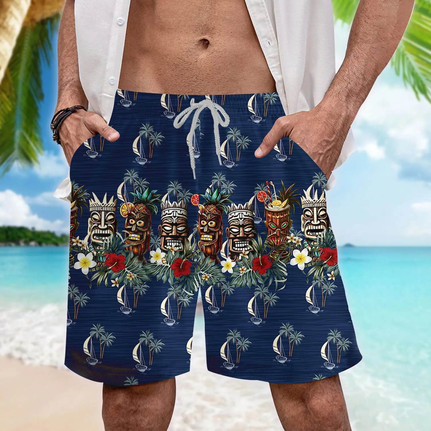 Tropical Tiki Mens Hawaiian Sport Shorts - Tiki Hawaiian Shorts for Men - Casual Drawstring Beachwear Shorts Series 15