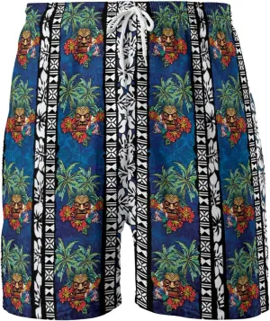Tropical Tiki Mens Hawaiian Sport Shorts - Tiki Hawaiian Shorts for Men - Casual Drawstring Beachwear Shorts Series 15