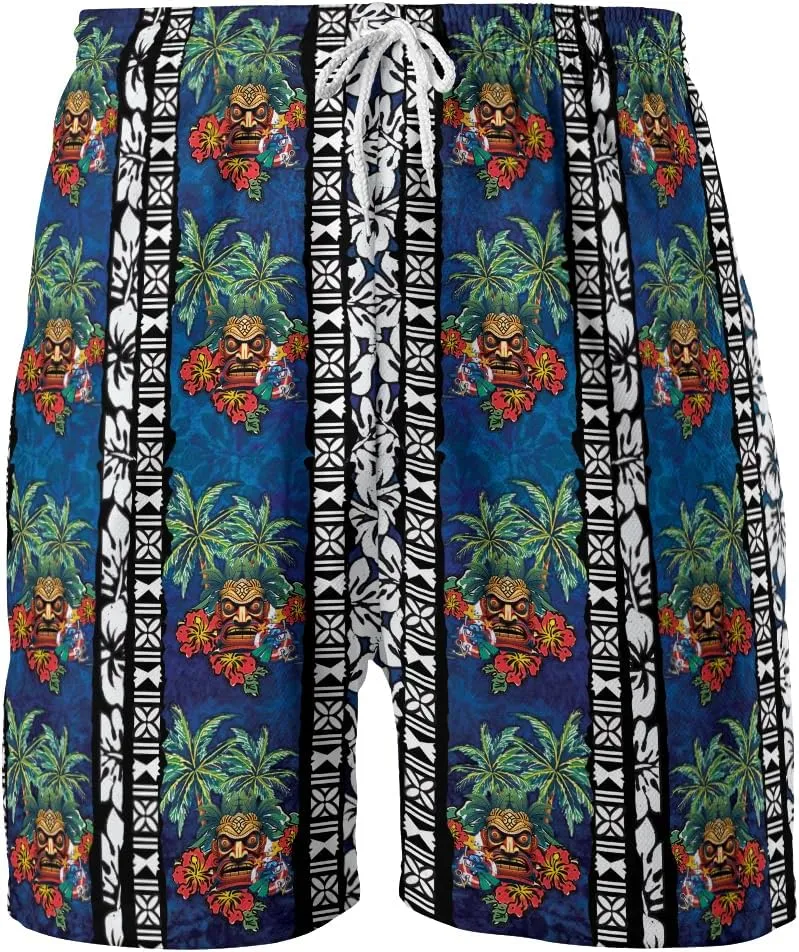 Tropical Tiki Mens Hawaiian Sport Shorts - Tiki Hawaiian Shorts for Men - Casual Drawstring Beachwear Shorts Series 15