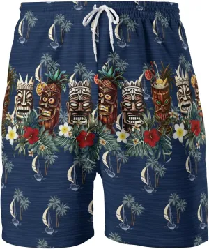 Tropical Tiki Mens Hawaiian Sport Shorts - Tiki Hawaiian Shorts for Men - Casual Drawstring Beachwear Shorts Series 15