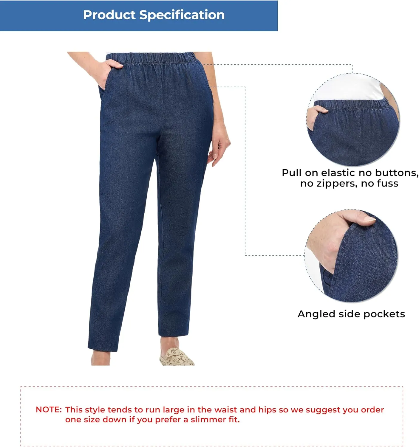 Turtle Bay New York Women's Casual Relaxed Fit Elastic Waist Pull On Denim Jeans
