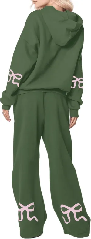 Two Piece Outfits Bow Graphic Print Hoodie Sweatpants Set Oversized Sweatshirt and High Waist Sweatpants Tracksuit