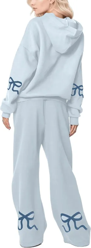 Two Piece Outfits Bow Graphic Print Hoodie Sweatpants Set Oversized Sweatshirt and High Waist Sweatpants Tracksuit