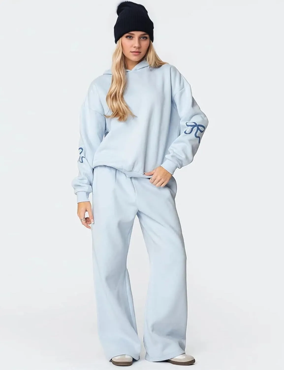 Two Piece Outfits Bow Graphic Print Hoodie Sweatpants Set Oversized Sweatshirt and High Waist Sweatpants Tracksuit