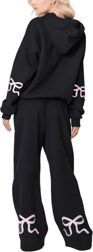 Two Piece Outfits Bow Graphic Print Hoodie Sweatpants Set Oversized Sweatshirt and High Waist Sweatpants Tracksuit