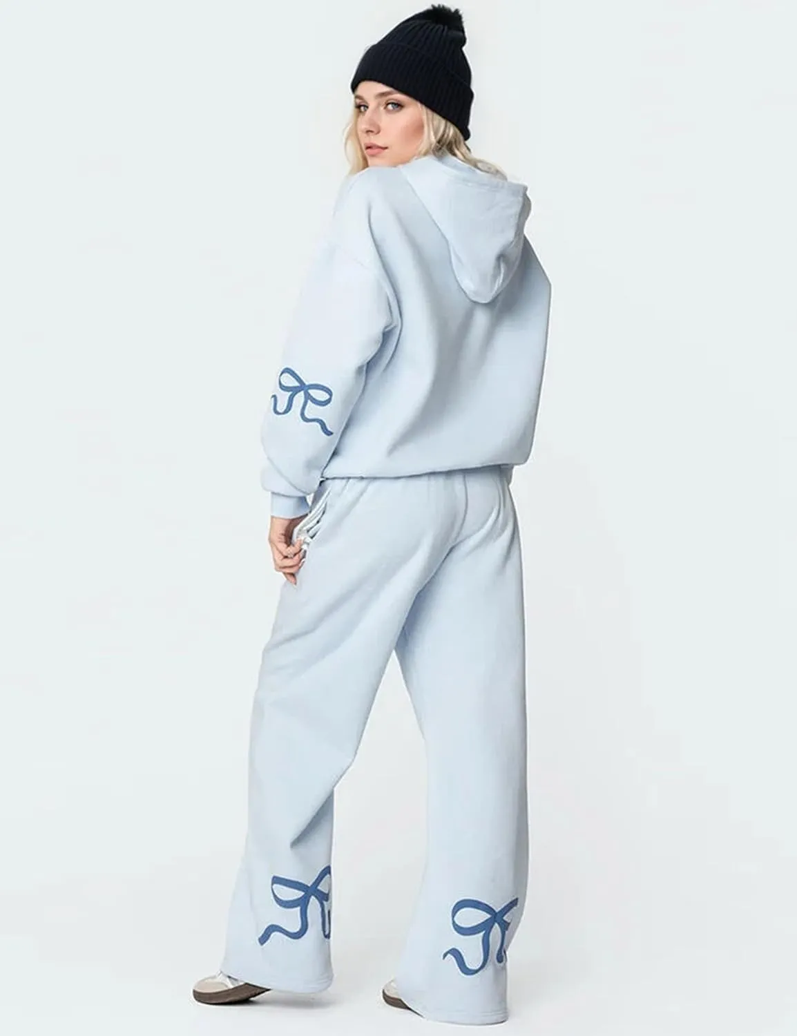 Two Piece Outfits Bow Graphic Print Hoodie Sweatpants Set Oversized Sweatshirt and High Waist Sweatpants Tracksuit