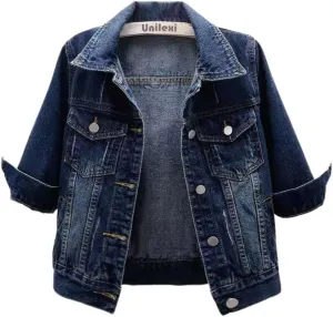 Unilexi Women's 3/4 Sleeve Colored Cropped Denim Jacket Light Wash Short Jean Jacket Trucker Coat